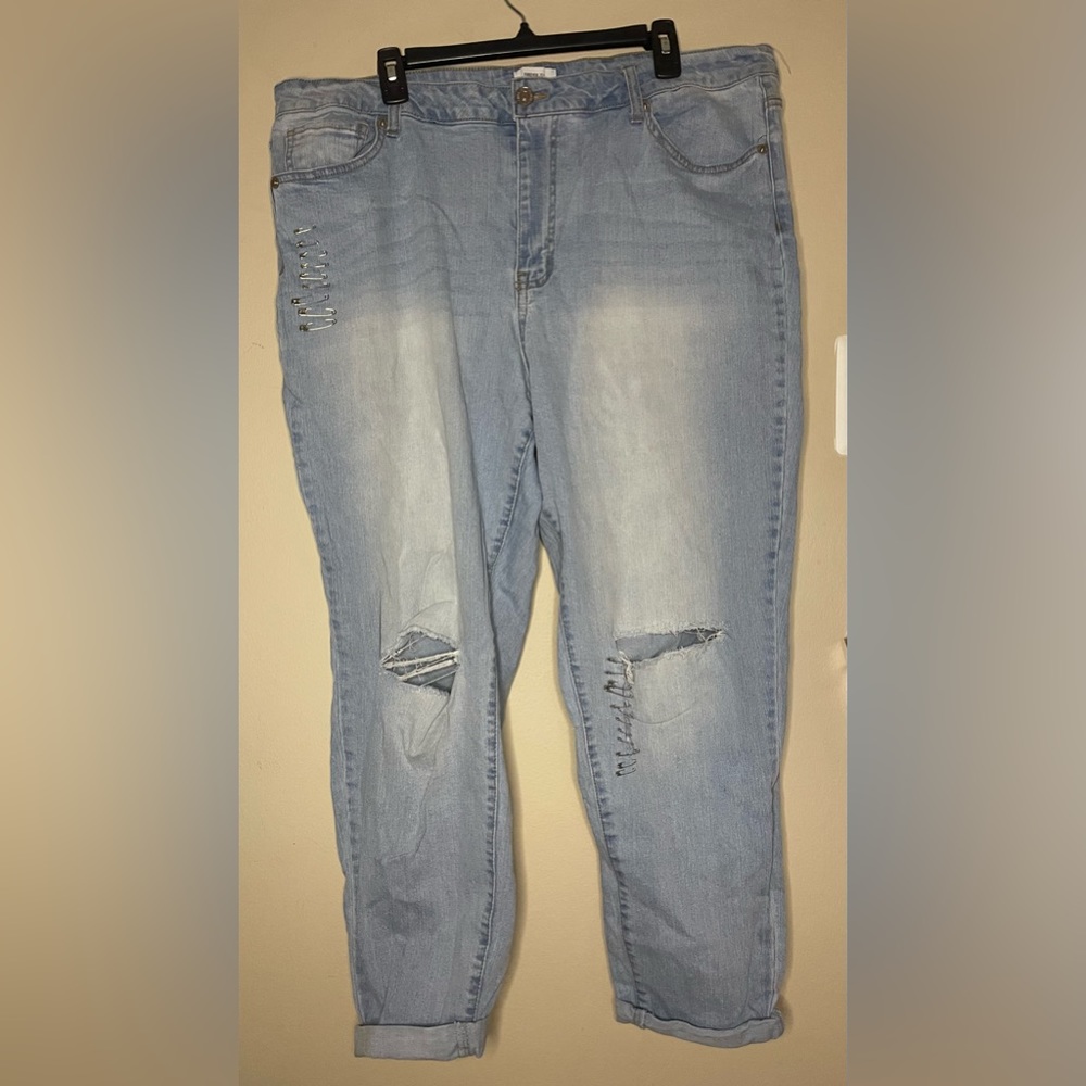 Forever 21+ Upcycled Safety Pin Distressed Light Wash Jeans Size 20